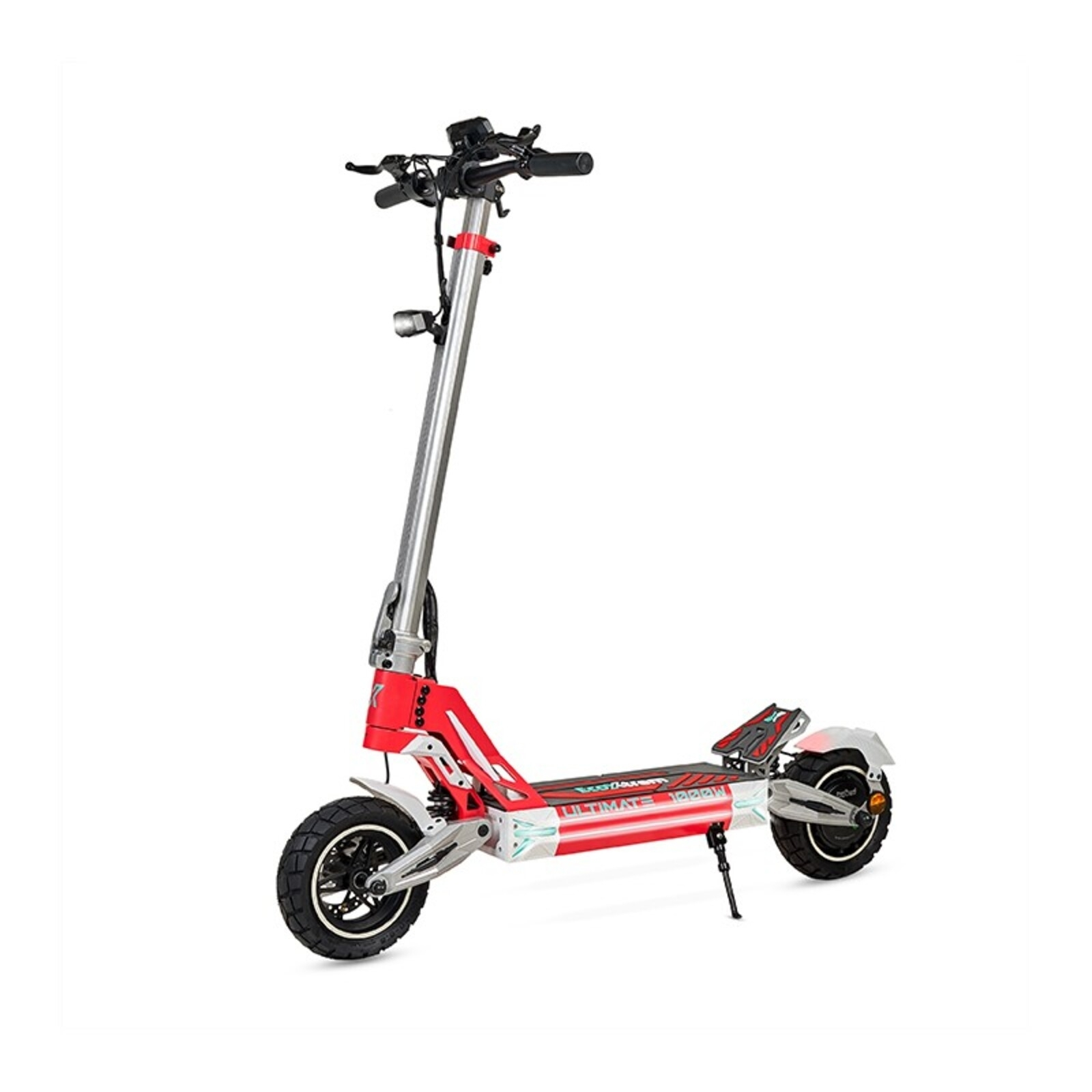 Un patinete eléctrico rojo y plateado con manillar y neumáticos negros.