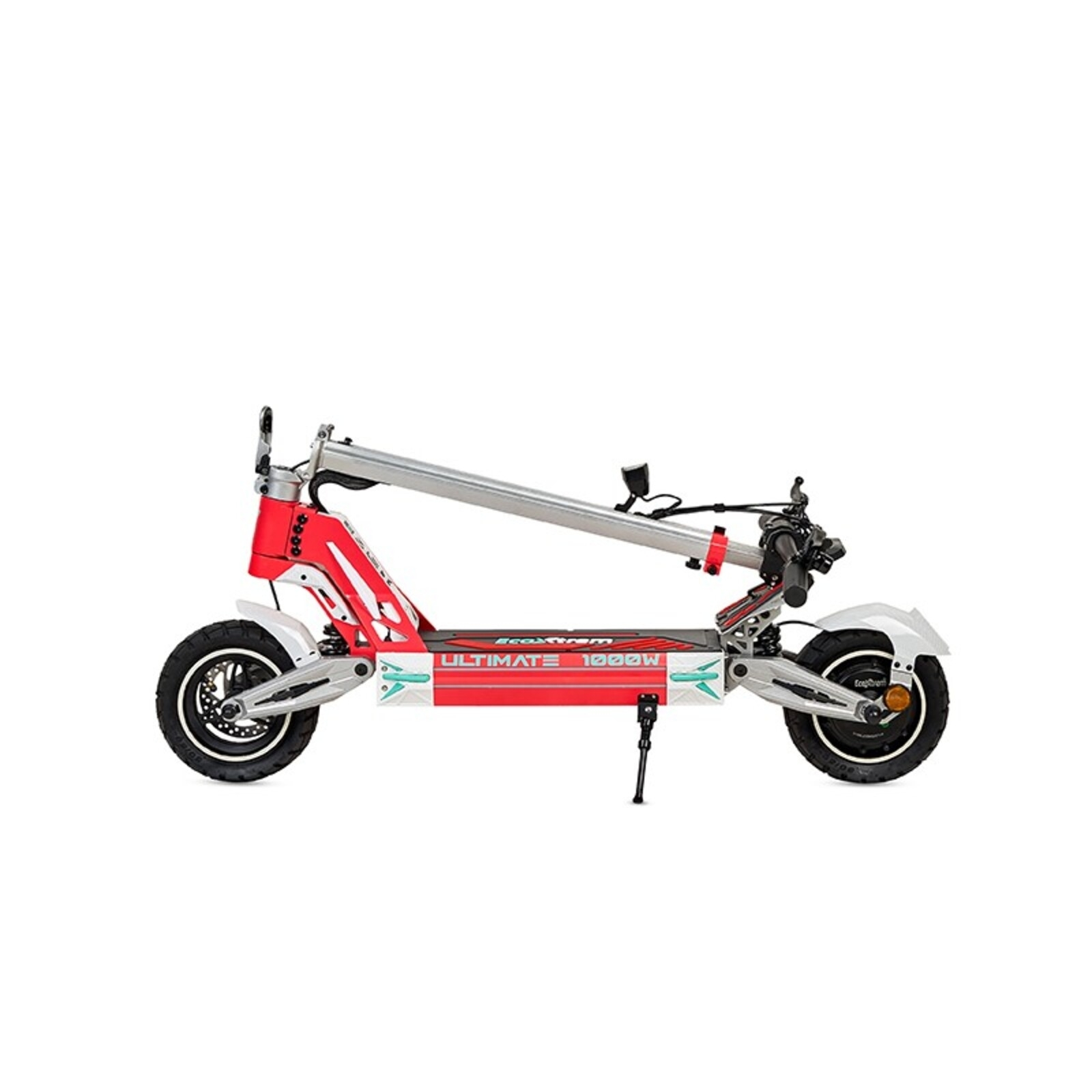 Un patinete eléctrico rojo con detalles plateados y ruedas negras.