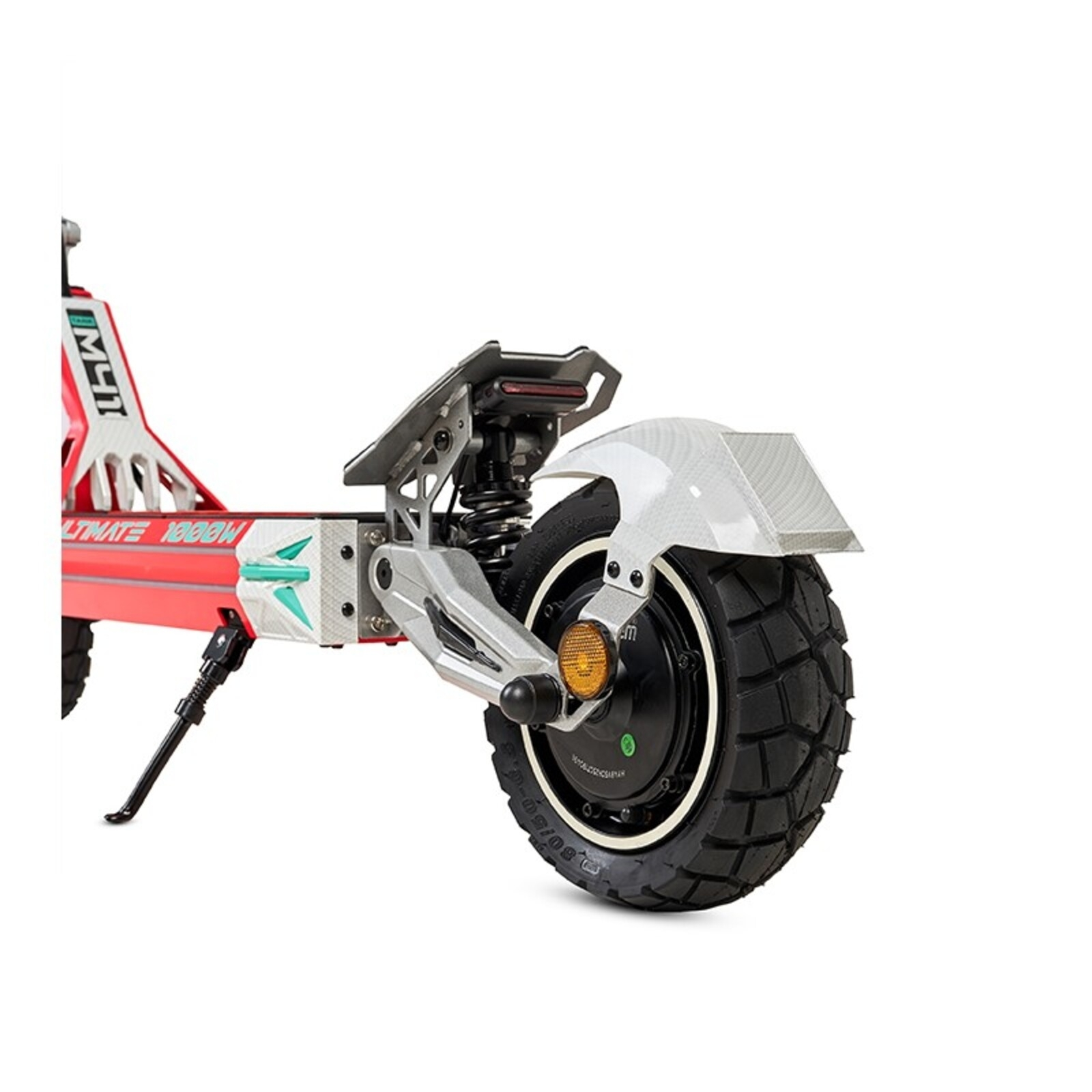 Rueda trasera de patinete eléctrico rojo, suspensión, guardabarros y pata de cabra.
