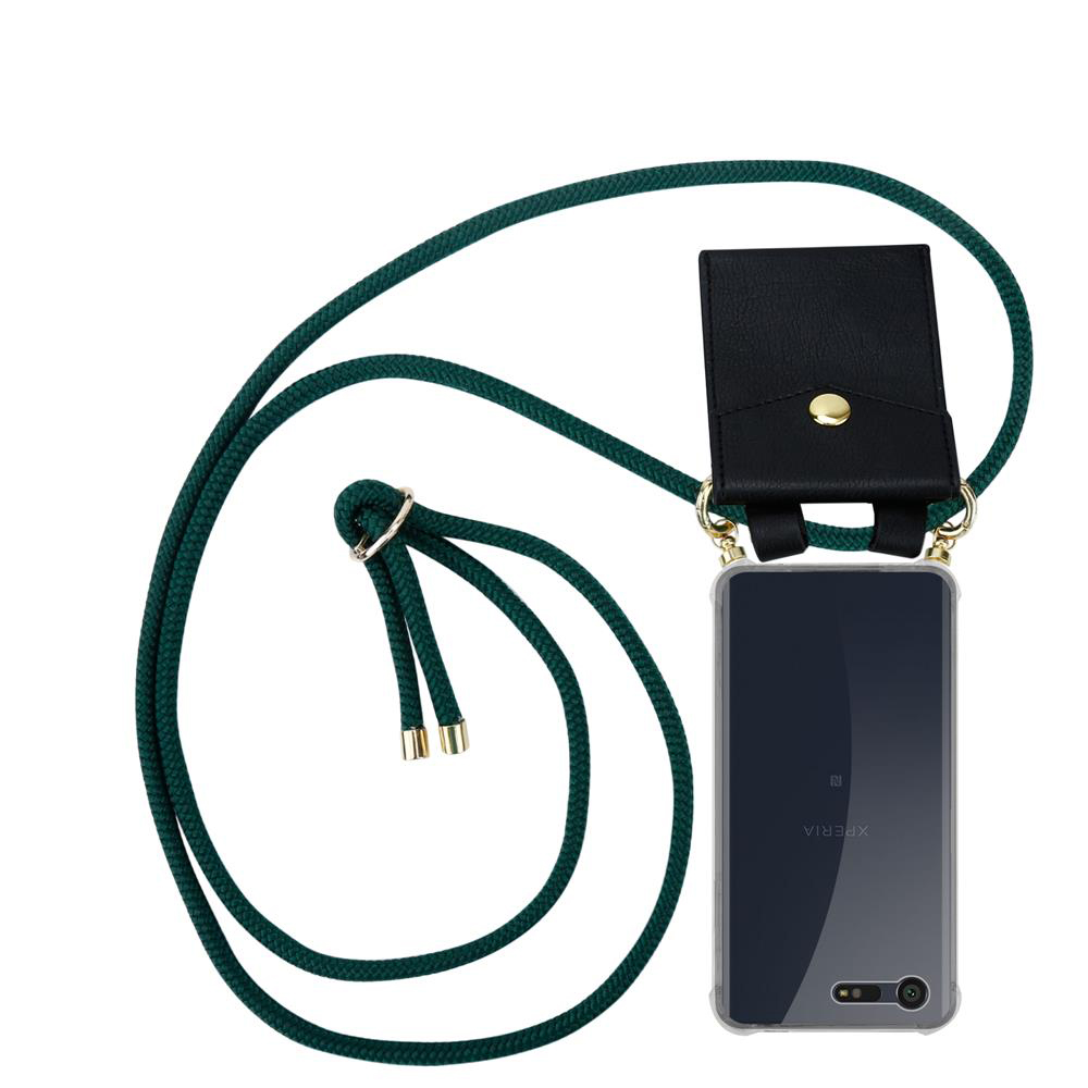 Funda negra para teléfono con cordón y billetera de cuero negra.
