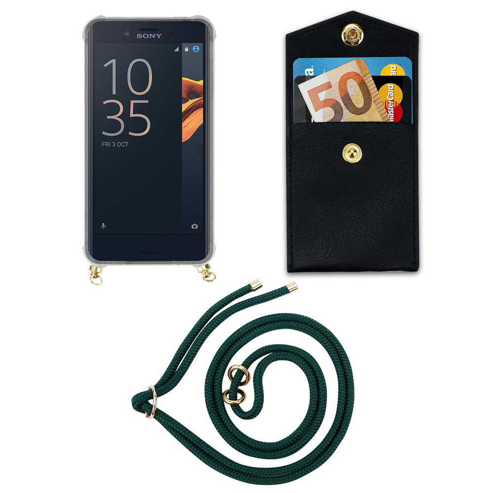 Teléfono inteligente con funda, tarjetero con dinero y tarjetas, y cordón verde.