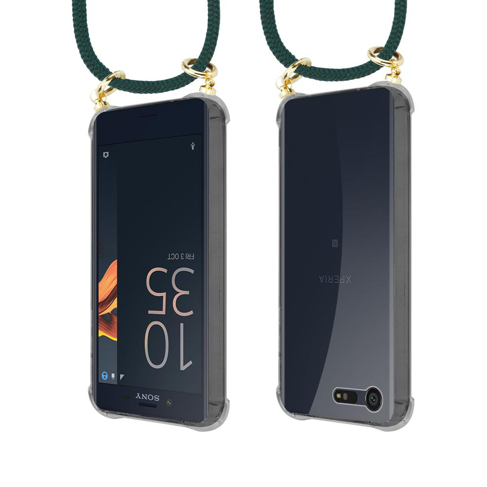 Dos vistas de un smartphone con funda transparente y correa para el cuello.