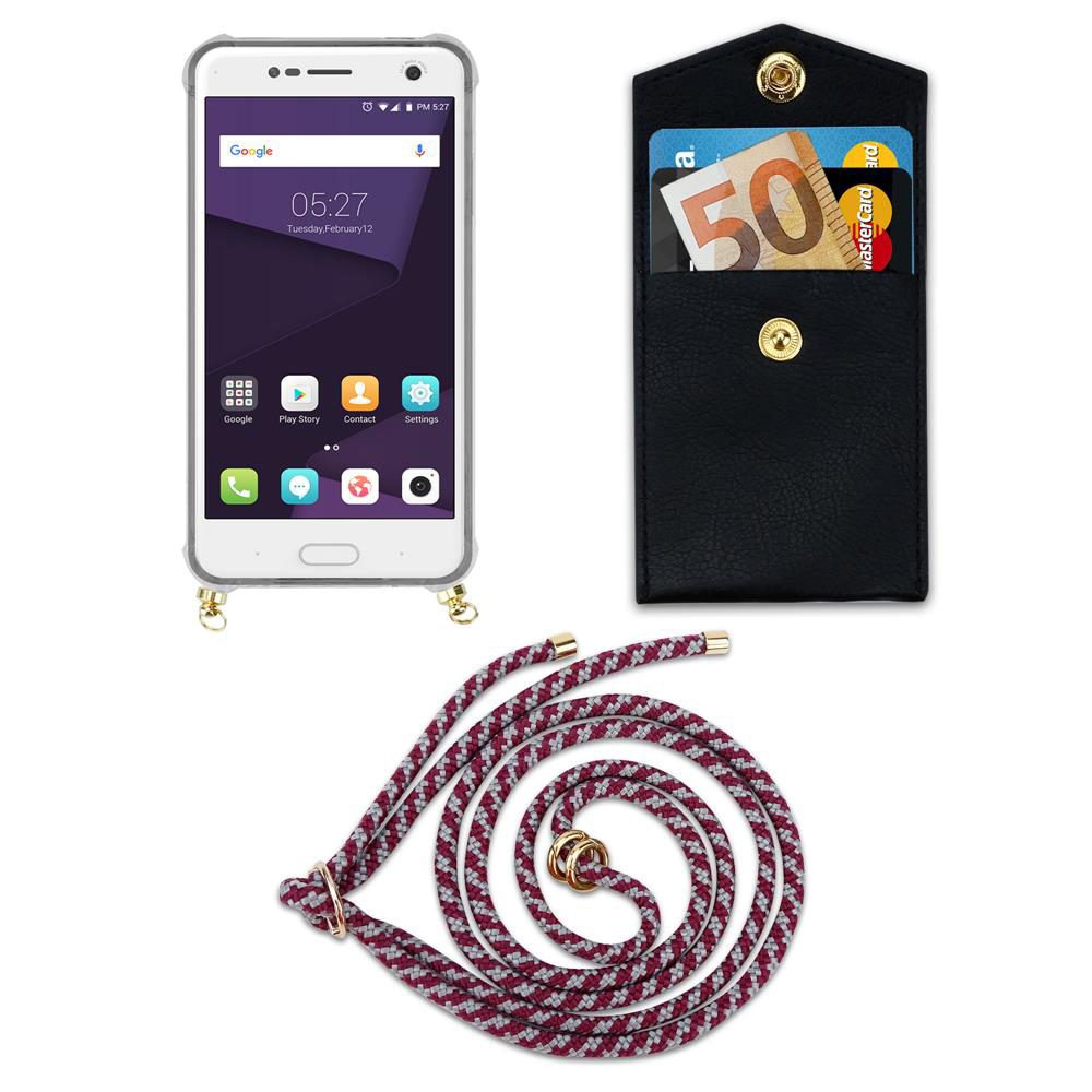 Ein Smartphone mit Hülle, ein schwarzes Kartenetui mit Geld und Karten und eine Kordel.