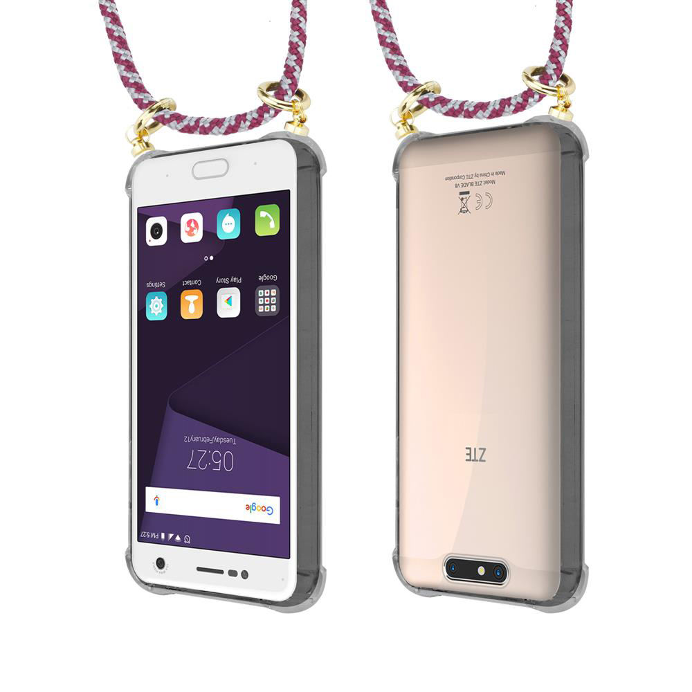 Zwei ZTE Smartphones mit Trageband. Ein Gerät zeigt den Startbildschirm, das andere die Rückseite.