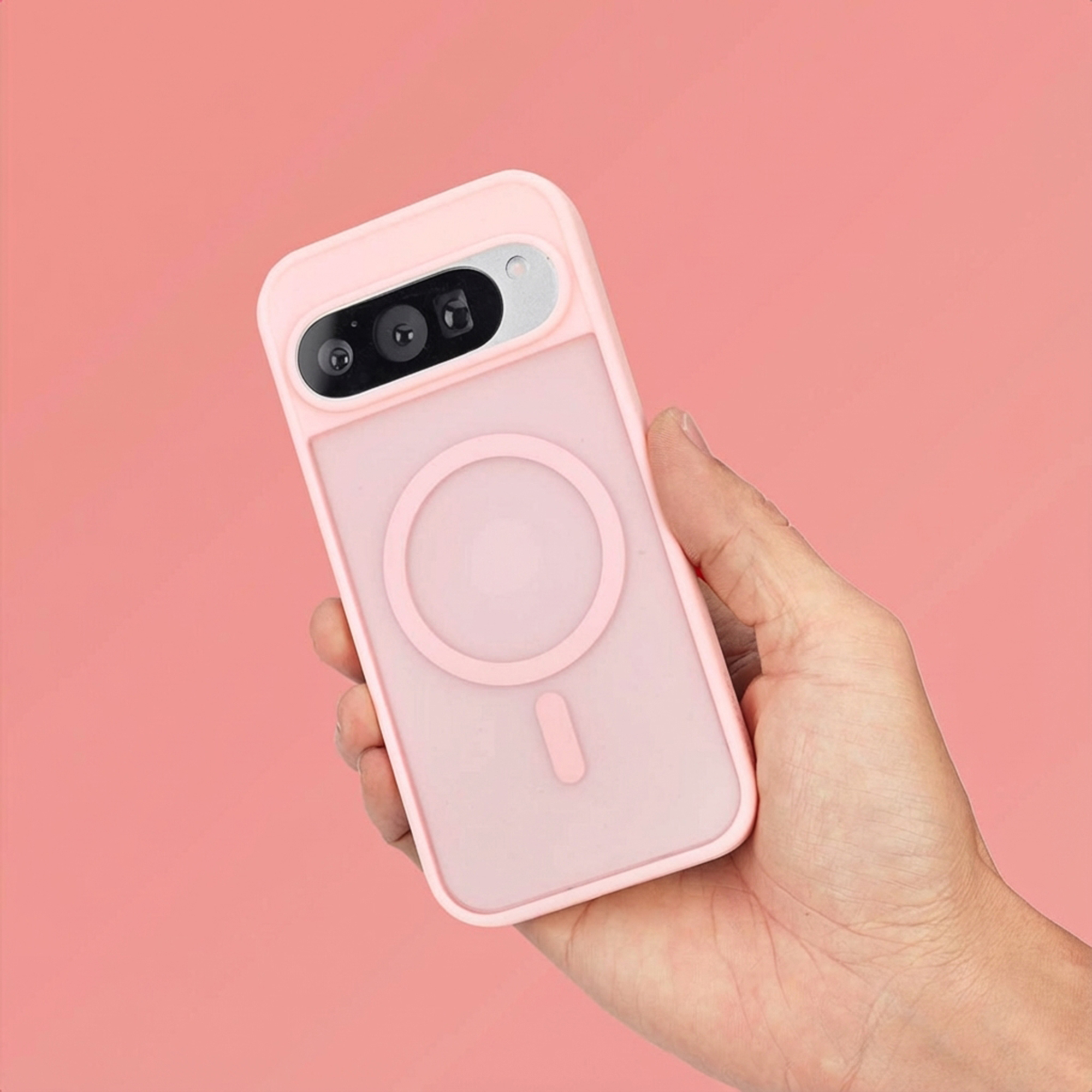 Een hand houdt een lichtroze telefoonhoesje met magische ring vast.