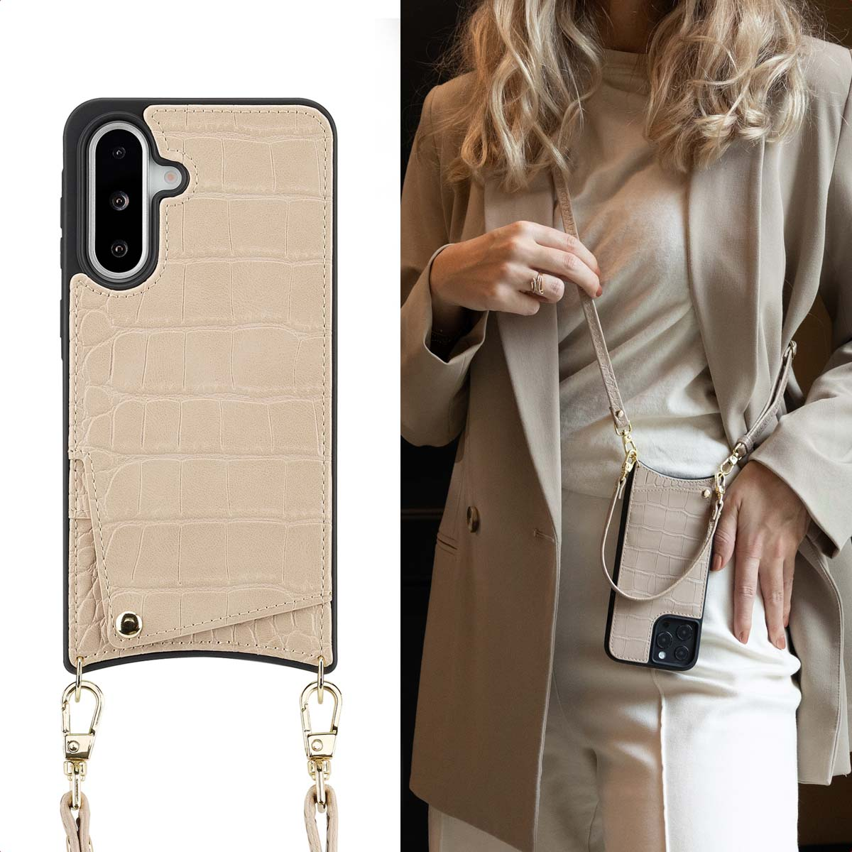 Une housse de téléphone beige imitation croco avec une lanière est portée par une femme.