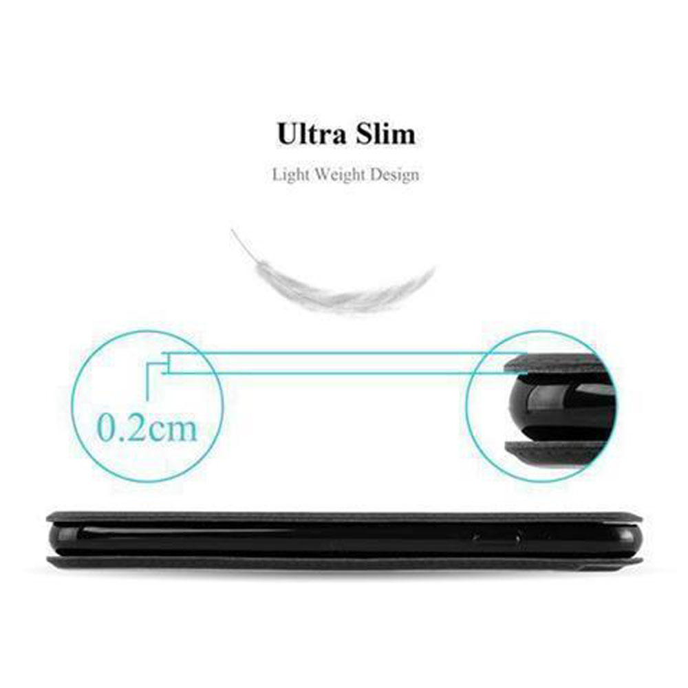 Design ultrasottile e leggero, spessore 0,2 cm. Mostra una sezione trasversale di un dispositivo nero.