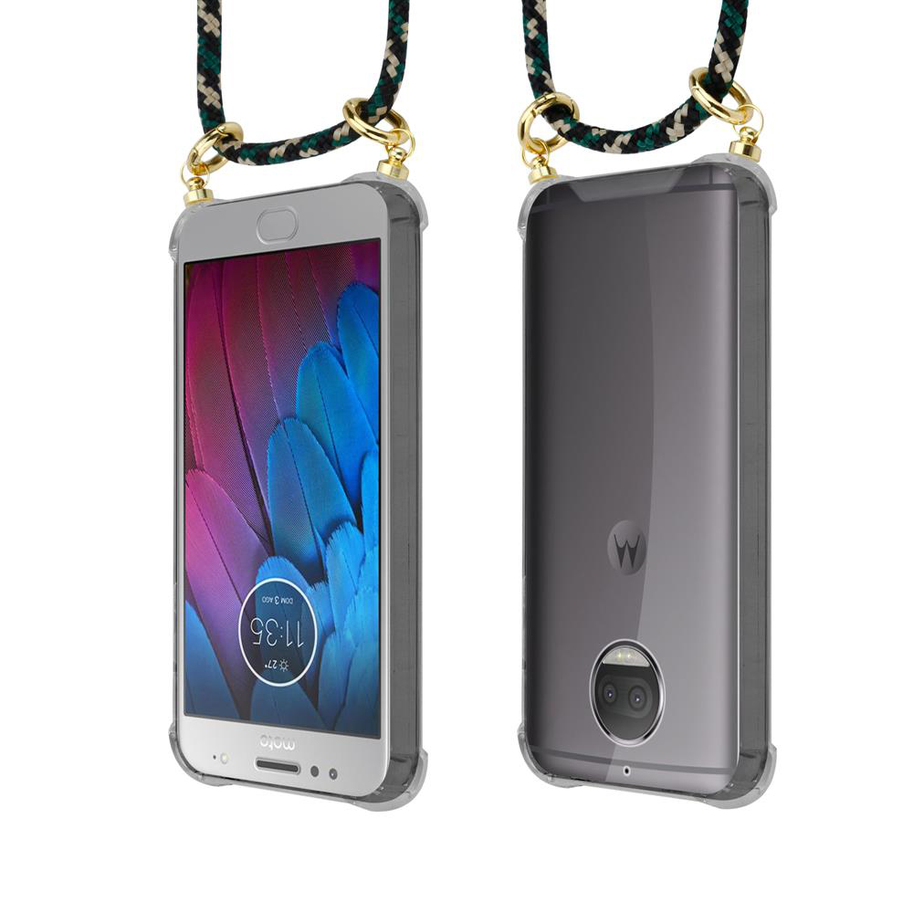 Uno smartphone in custodia trasparente con cinturino intrecciato attaccato agli angoli.