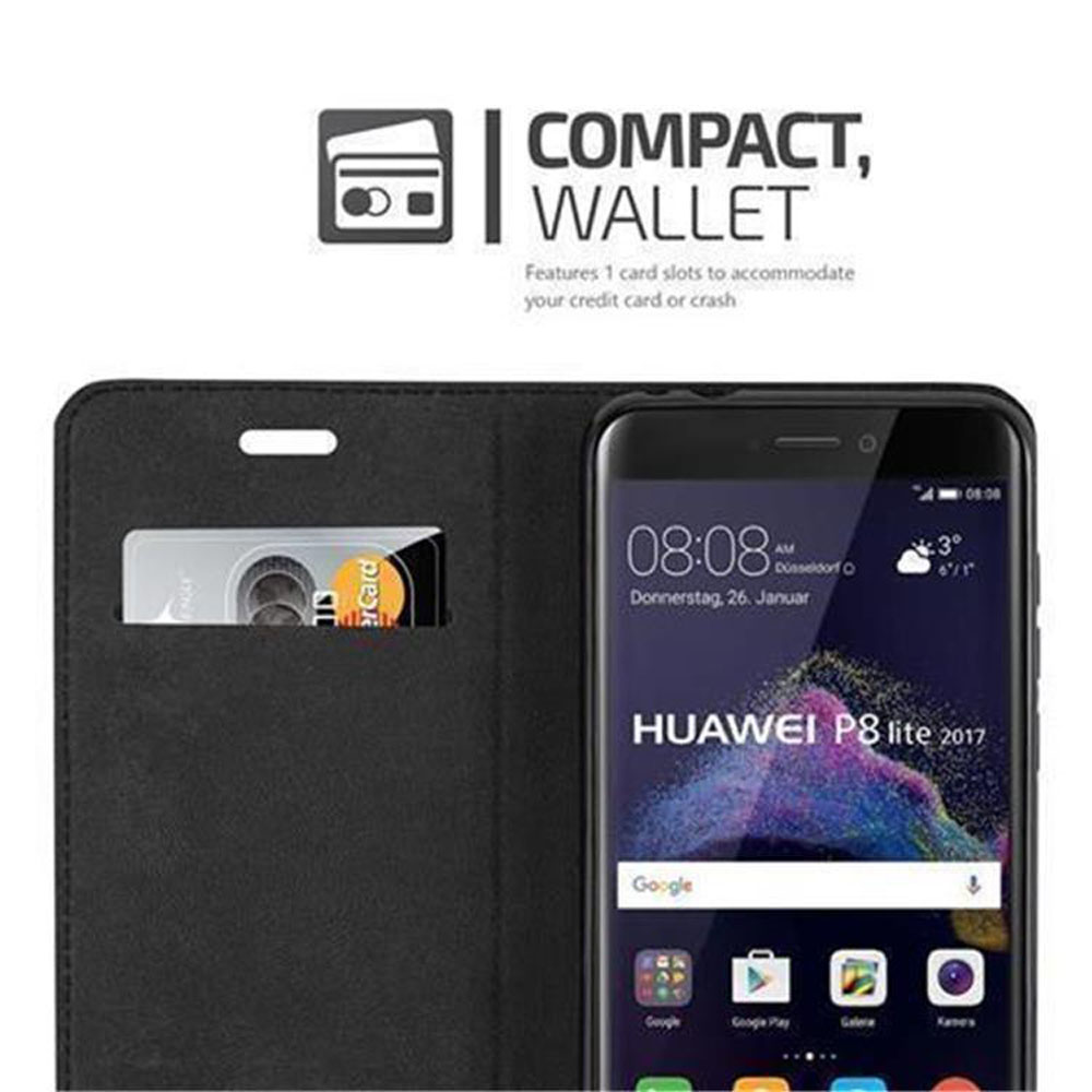 Custodia nera per telefono con slot per carte e Huawei P8 lite 2017.