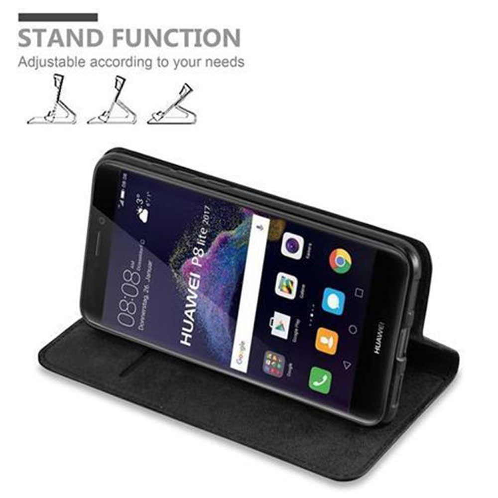Un telefono Huawei P8 lite 2017 nero in una custodia nera con funzione stand.
