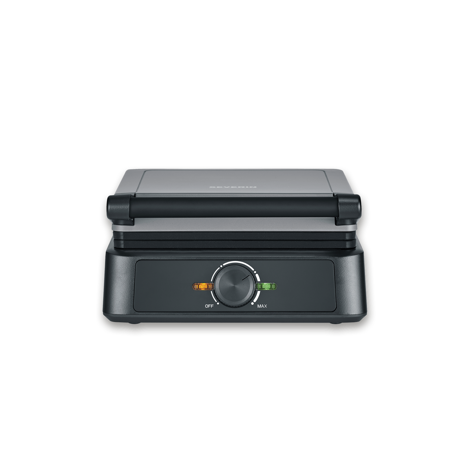 Ein schwarzer Kontaktgrill mit silbernem Deckel und einem Drehknopf.