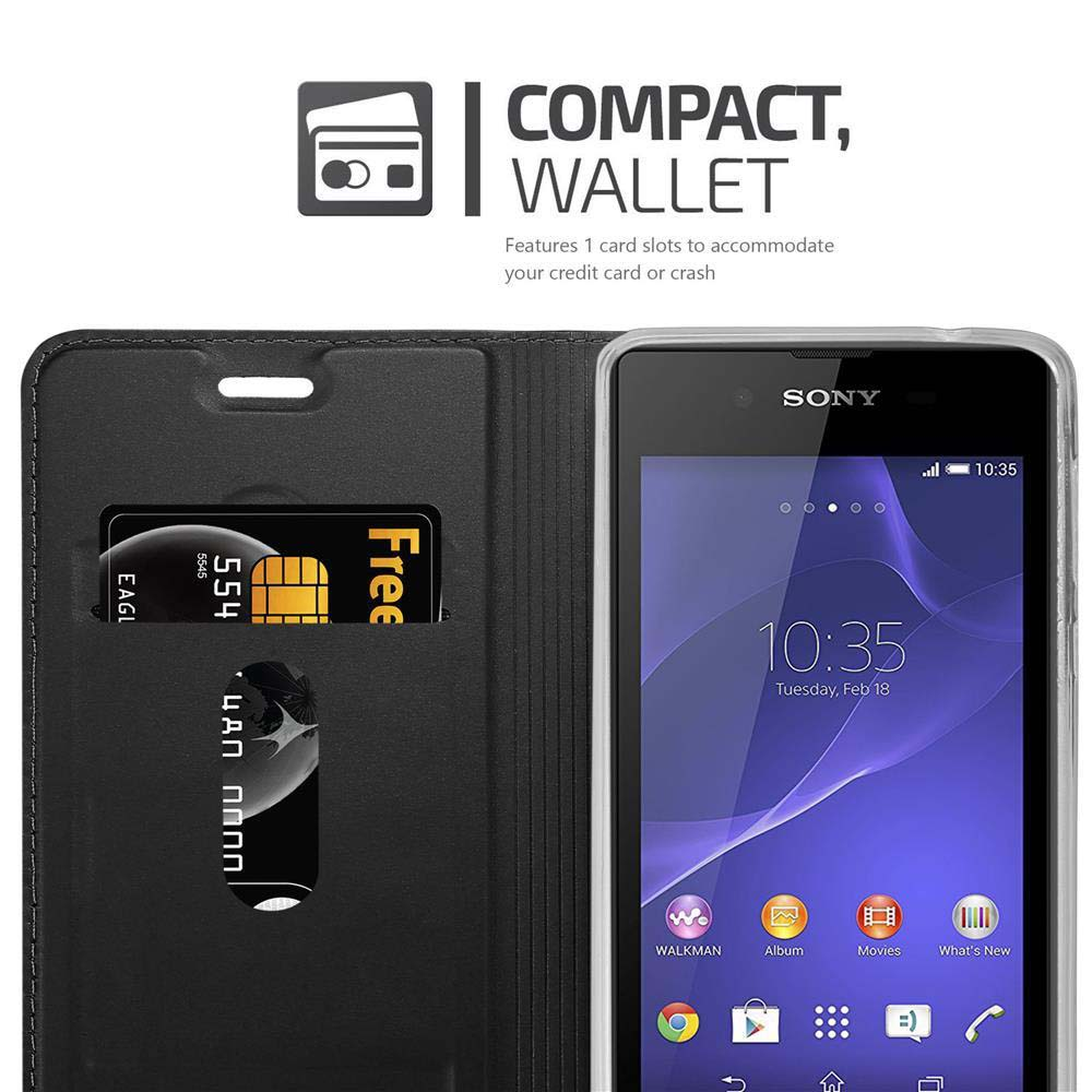 Smartphone Sony in custodia a portafoglio nera con slot per carte.