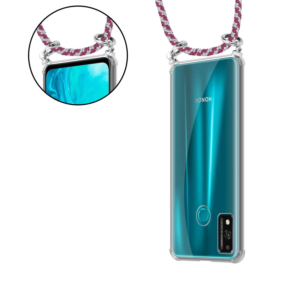 Uno smartphone verde acqua in custodia trasparente con cordino.