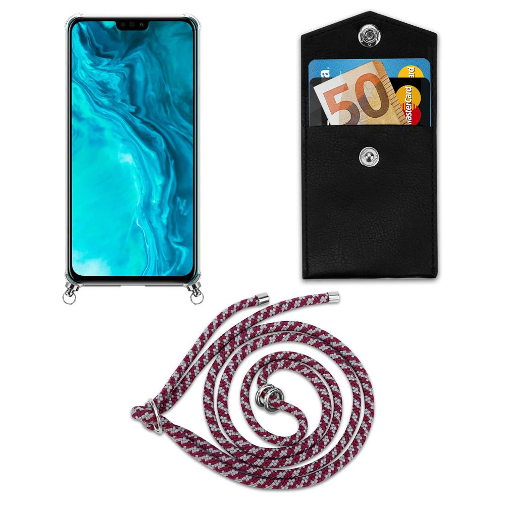 Uno smartphone, una custodia nera con carte e denaro, e un cordino.