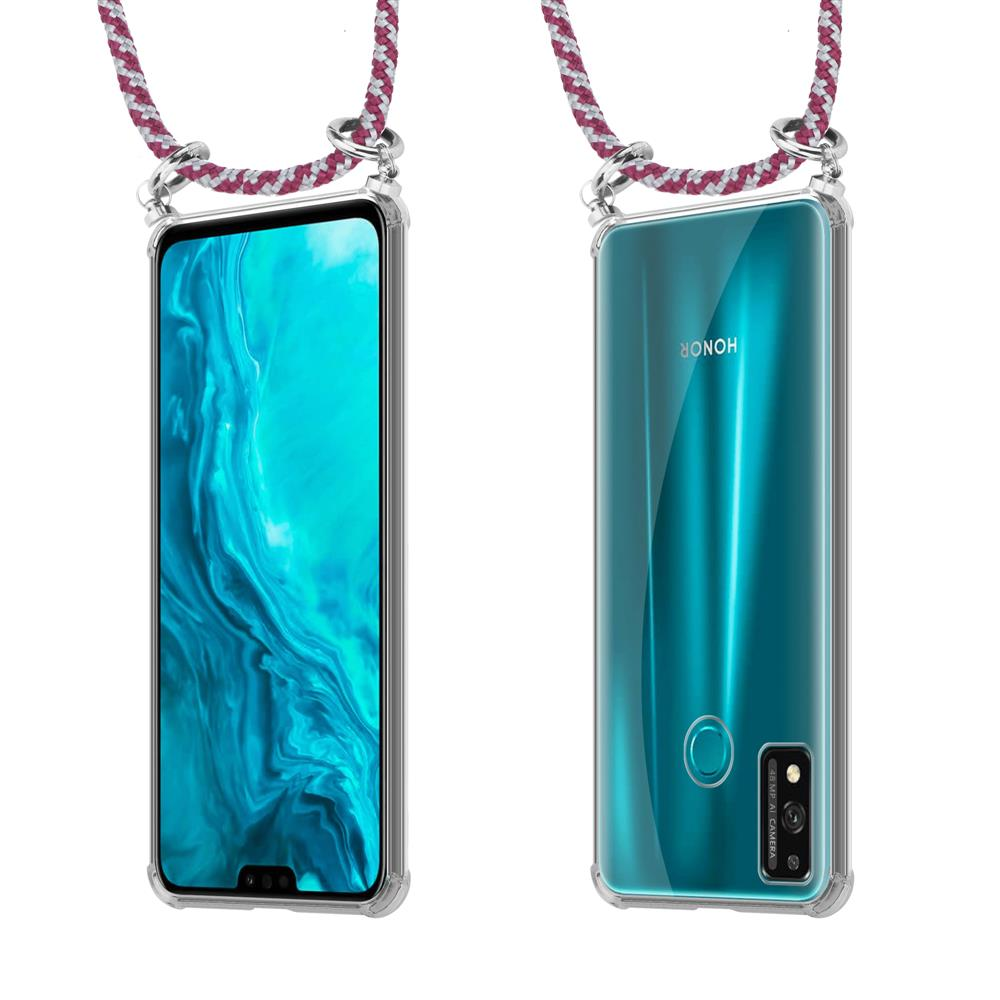 Uno smartphone in custodia trasparente con cordino, viste frontale e posteriore.