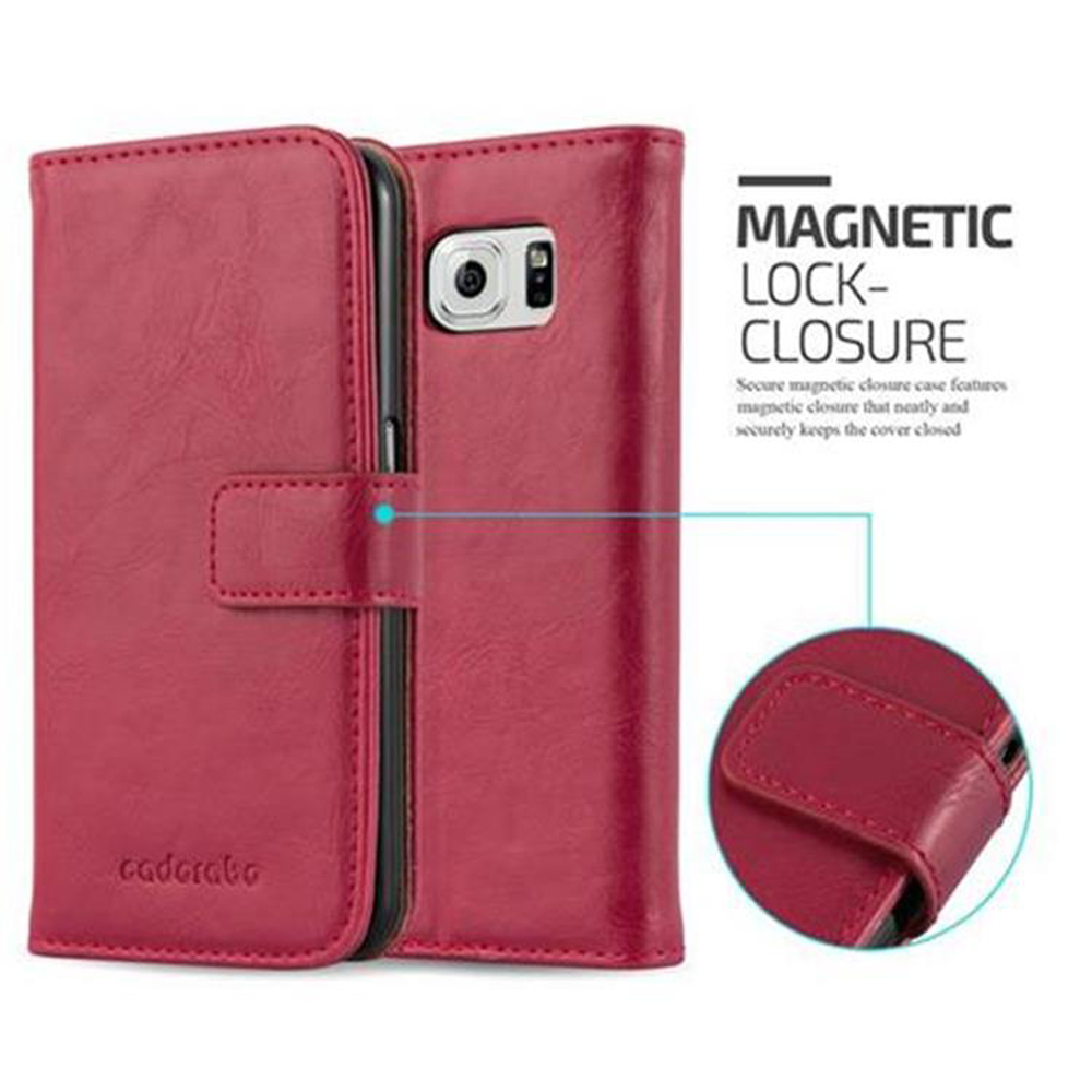 Custodia a portafoglio in pelle rossa per smartphone con slot fotocamera.