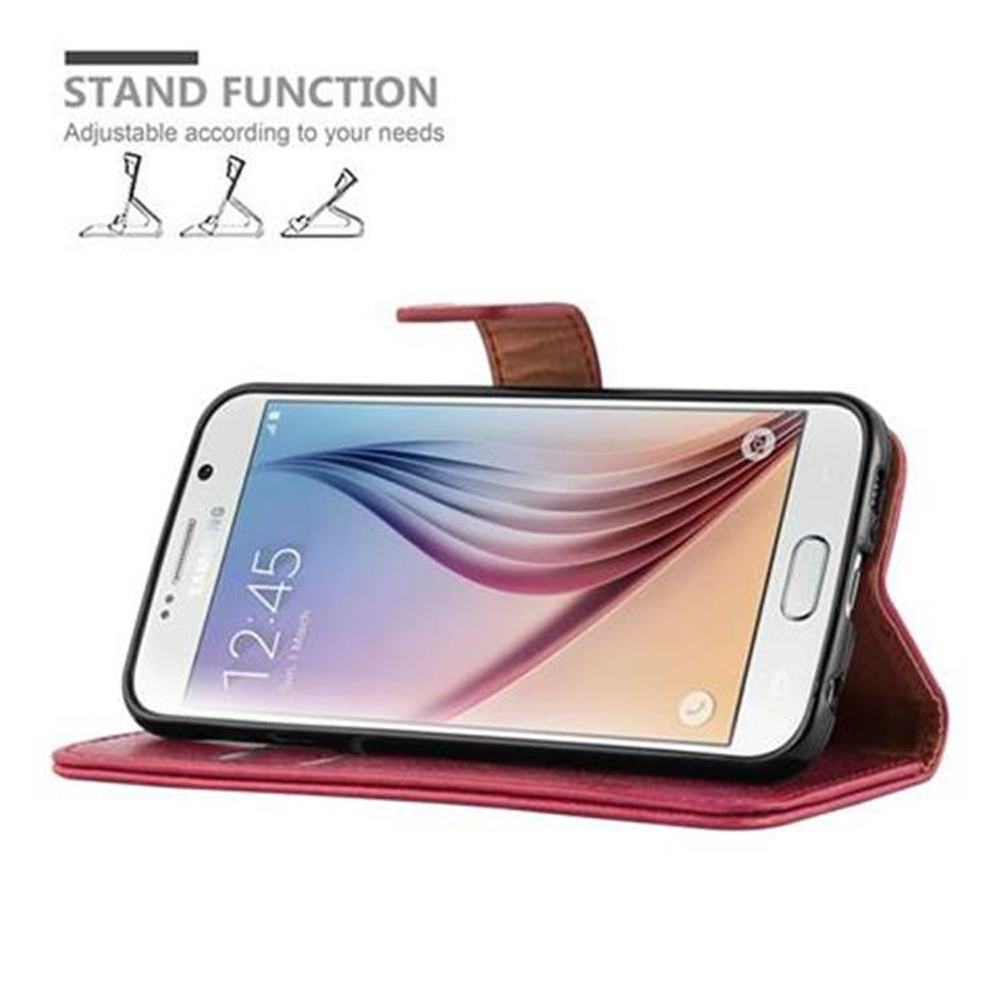 Uno smartphone rosso in una custodia con funzione stand.