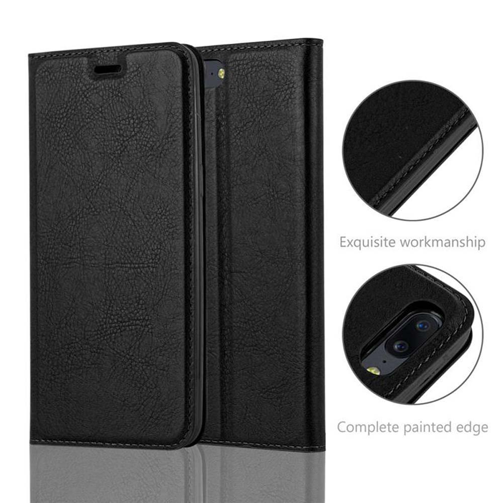 Custodia a libro in pelle nera per smartphone, con primi piani dei dettagli.