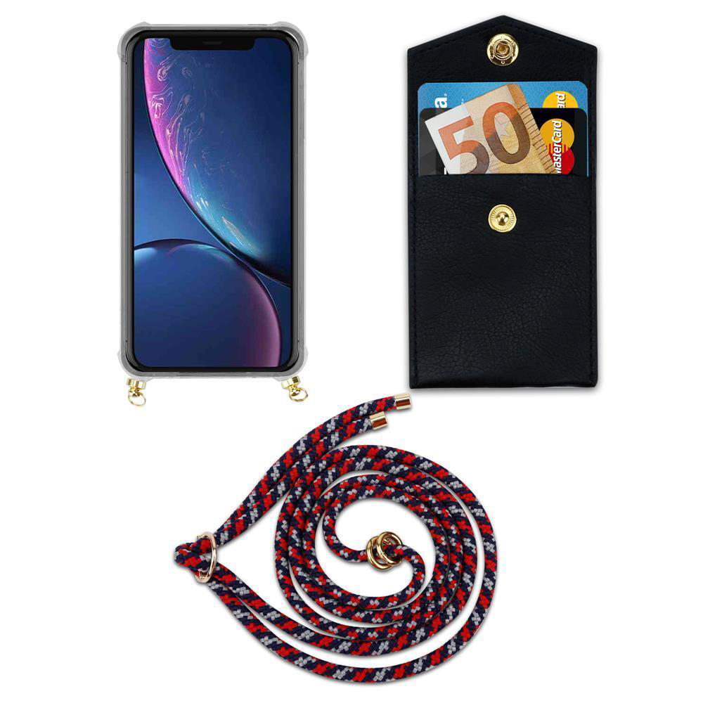 Uno smartphone, un portafoglio nero con soldi e carte, e un cordino.