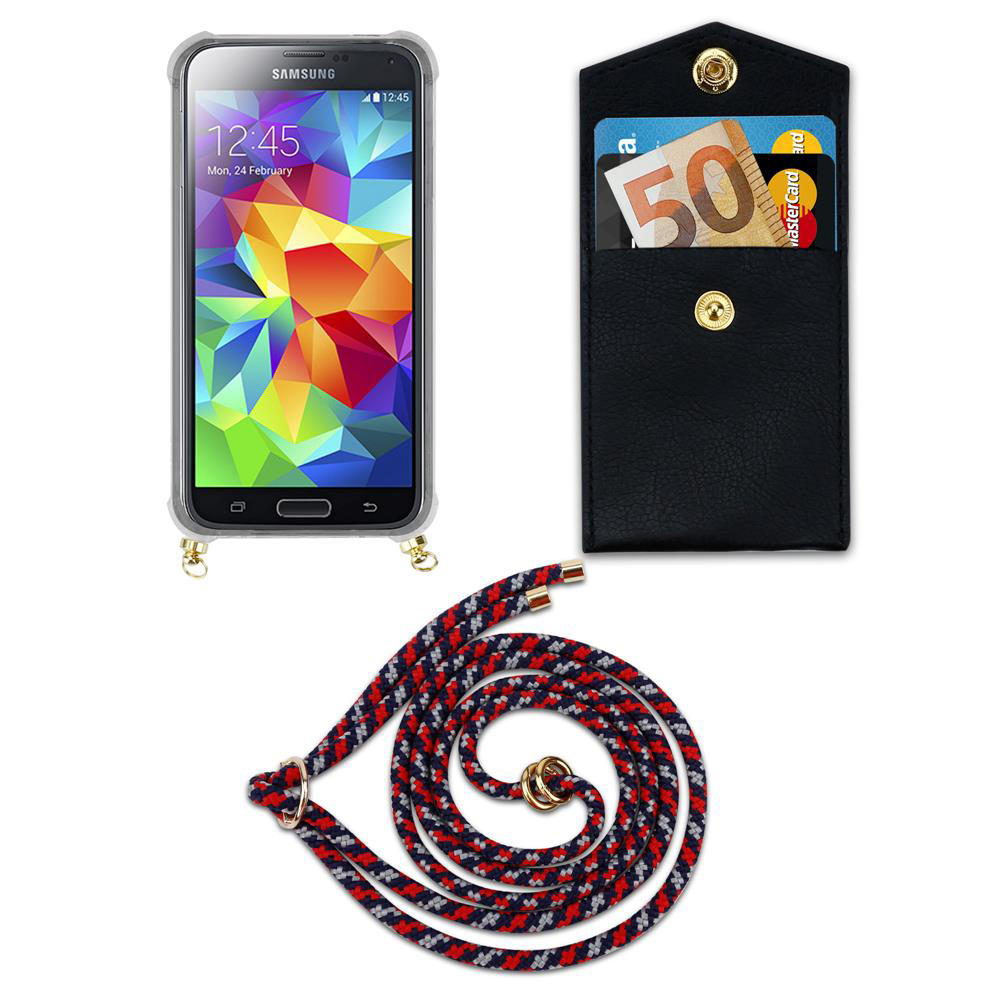 Uno smartphone in custodia, una tasca nera con carte e soldi, e un cordino.