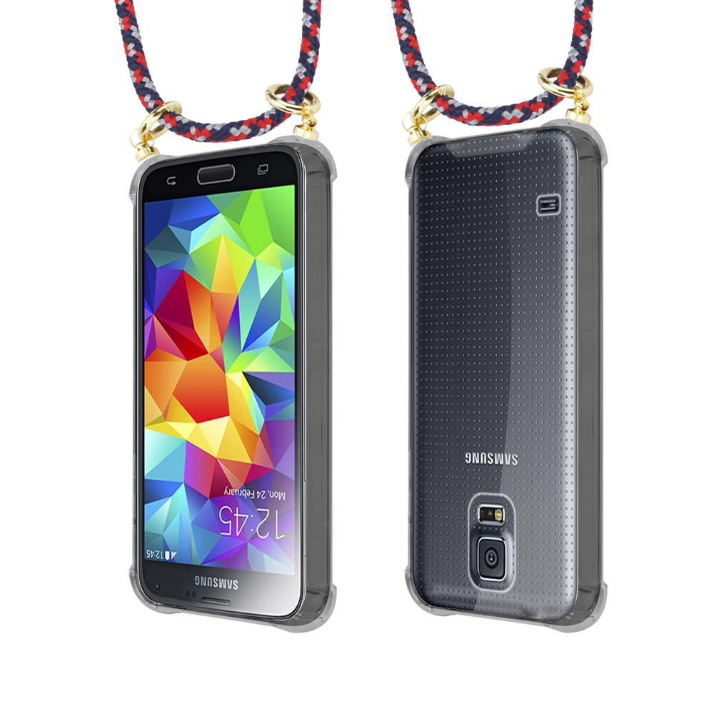 Due viste di un telefono Samsung con sfondo colorato e cordino.