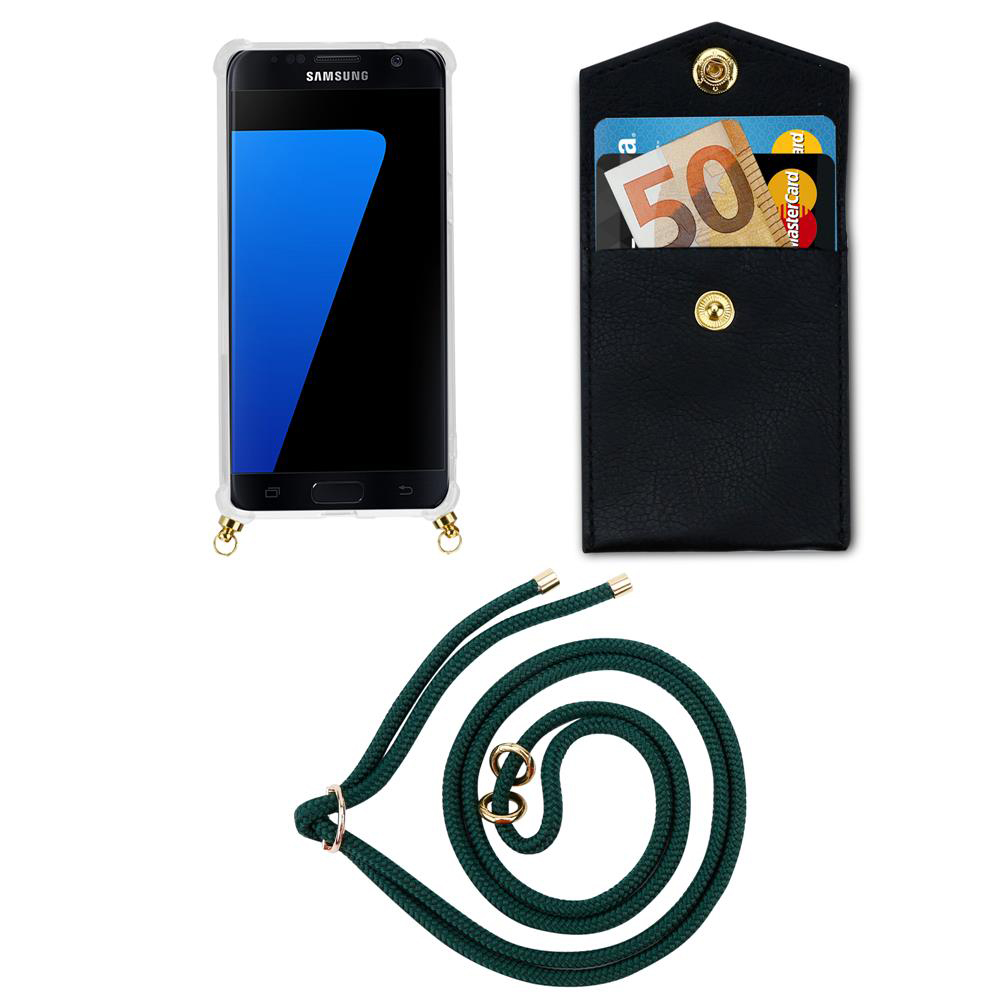 Smartphone Samsung in custodia trasparente, portafoglio nero con banconota da 50€ e carta, e cordino verde.