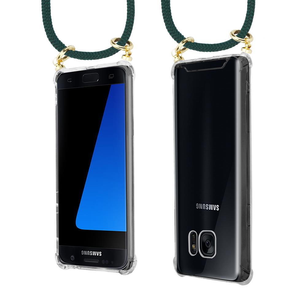 Un telefono Samsung trasparente con cordino verde, visto fronte e retro.