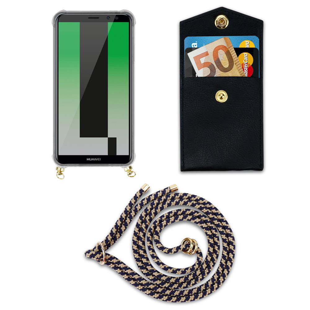 Smartphone in custodia, portafoglio con banconota da 50€ e carta, e cordino.