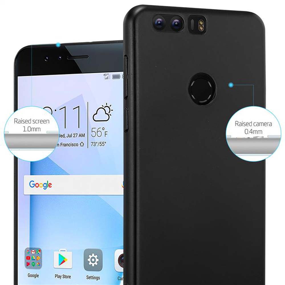 Ein schwarzes Handy mit einer Hülle, das einen Bildschirm mit Uhrzeit und Wetter zeigt.