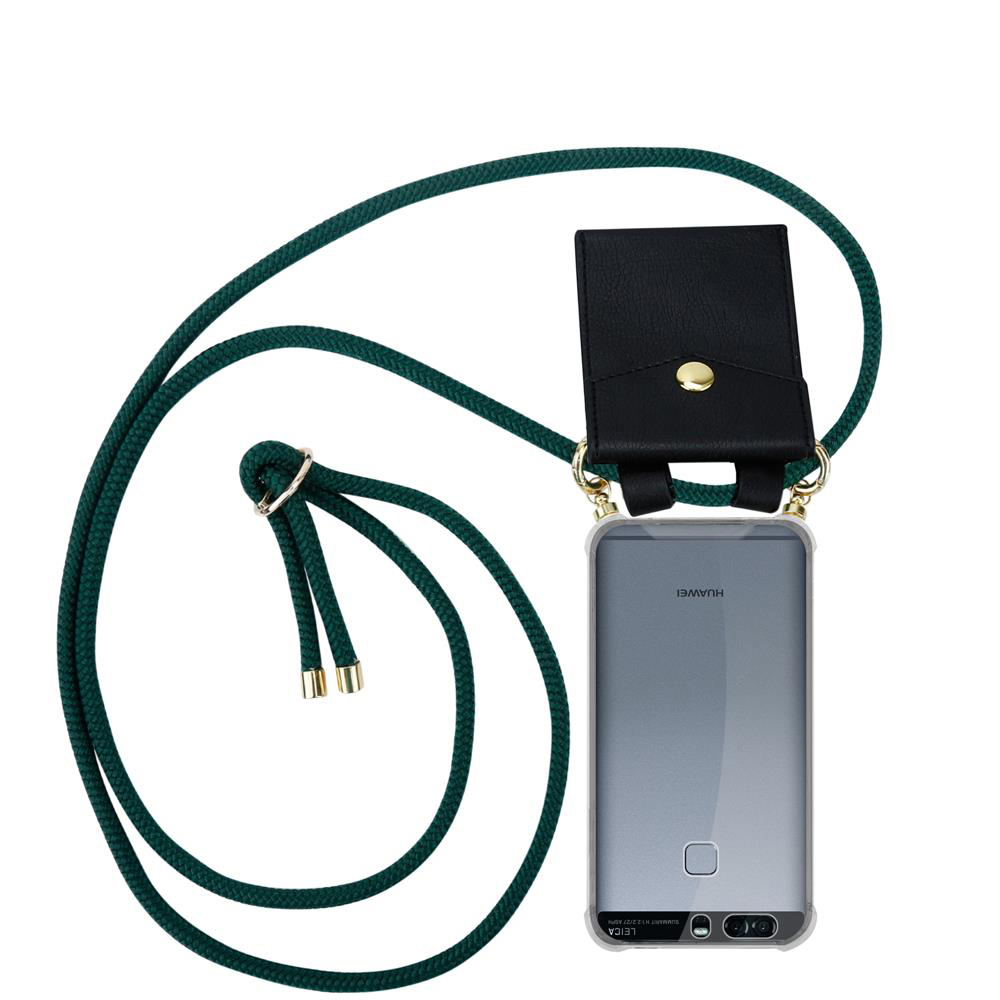 Schwarze Leder-Handytasche mit Kordel und Huawei-Handy im transparenten Case.