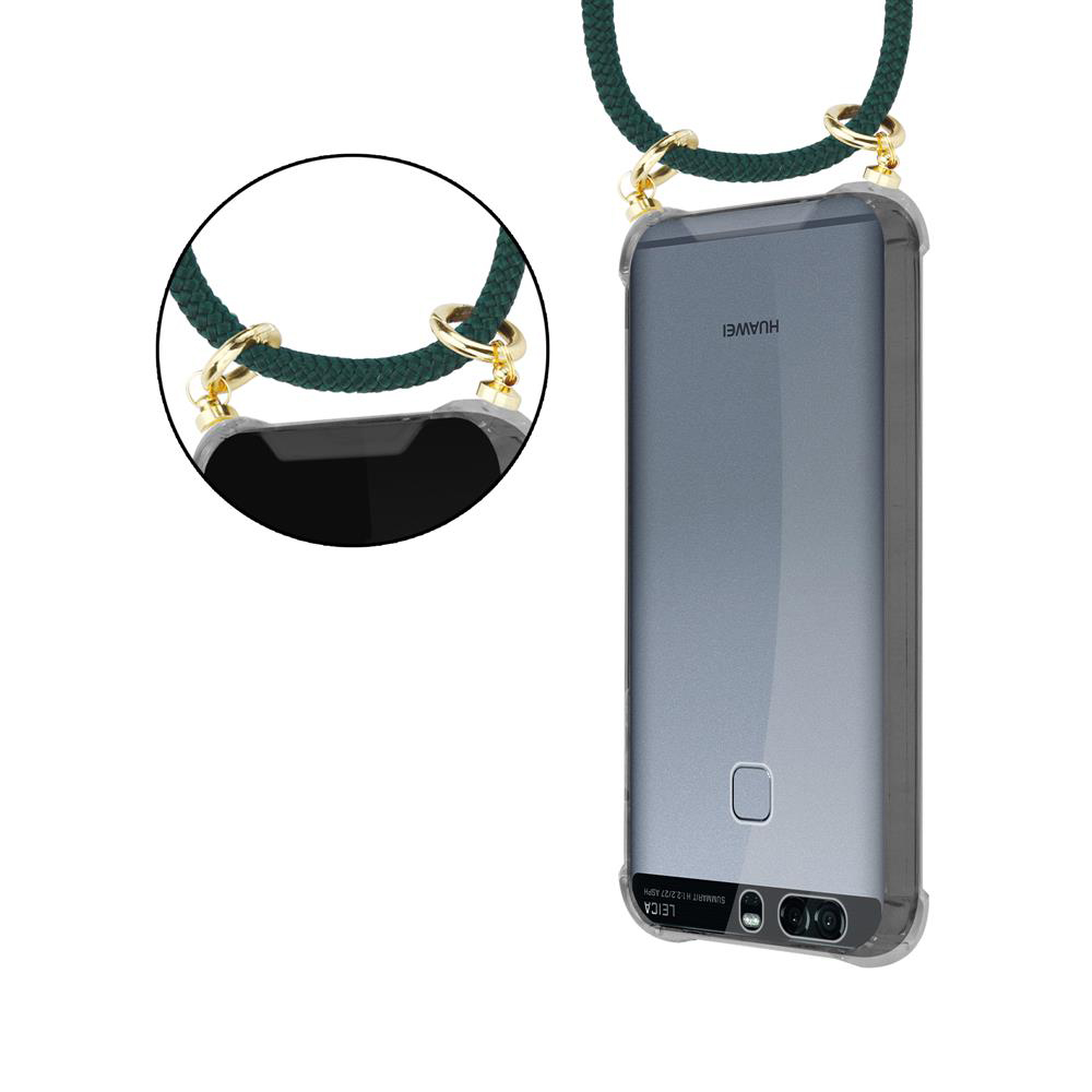 Ein Huawei-Smartphone in einer Hülle mit einem grünen Band, das über goldene Ringe befestigt ist.