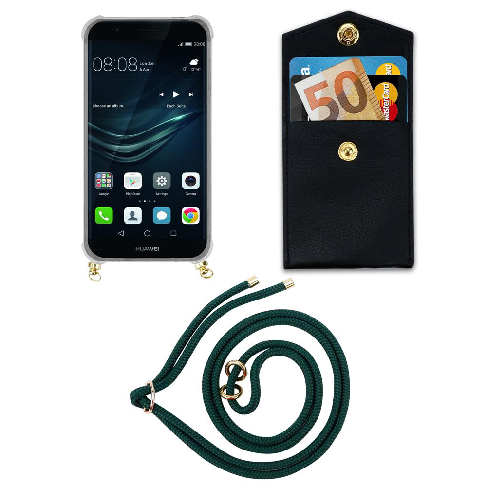 Ein Smartphone mit Hülle, einer schwarzen Geldbörse mit Karten und Geld und einer grünen Kordel.