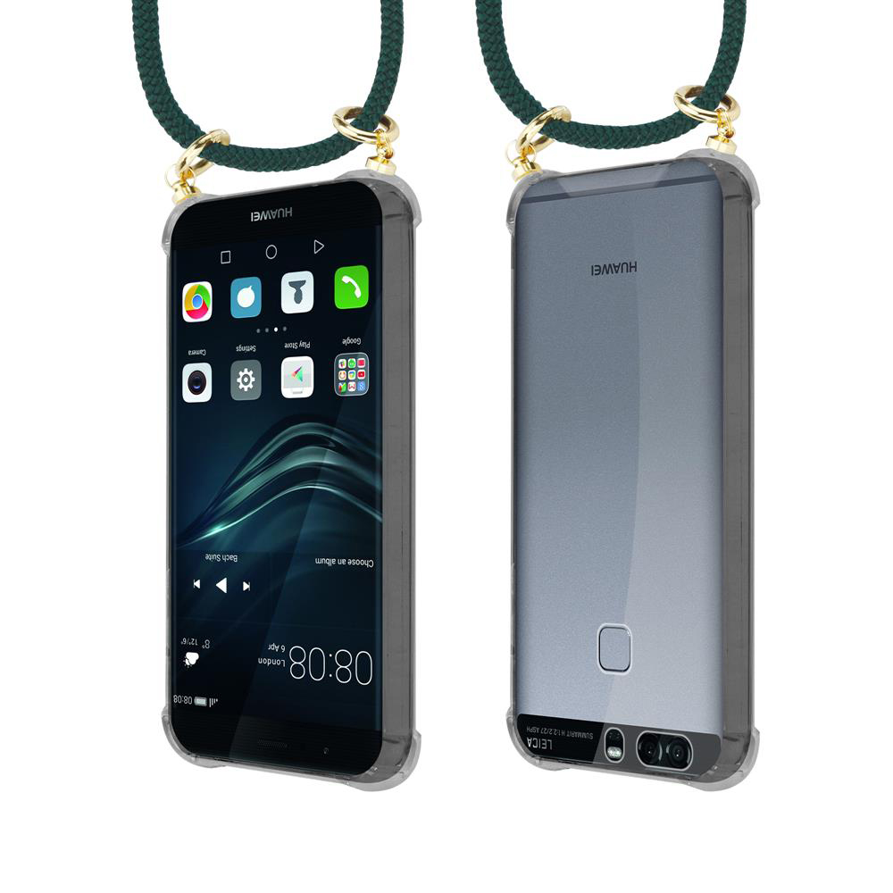 Zwei Huawei-Smartphones in Schutzhüllen mit grünen Trageschlaufen.
