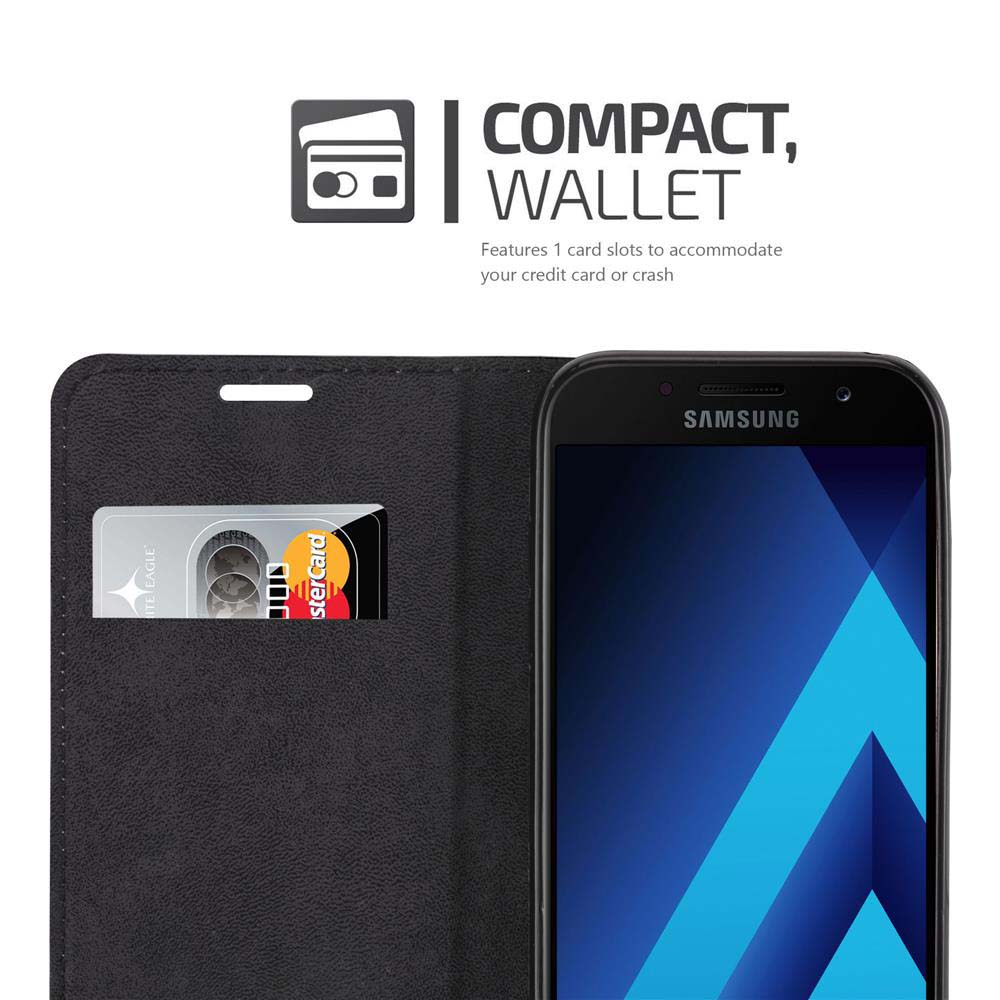 Custodia a portafoglio nera con carta e telefono Samsung.