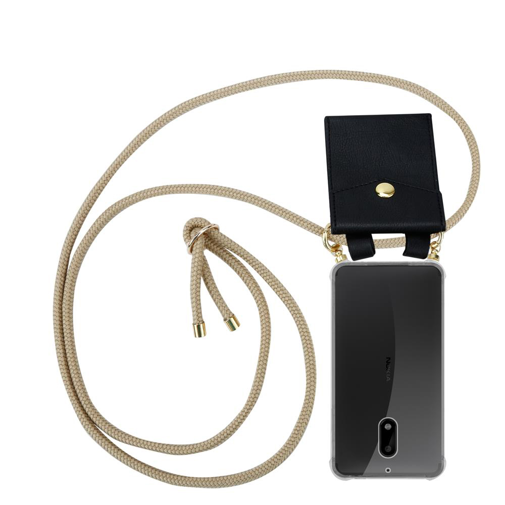Eine beige Halskette mit einem schwarzen Kartenhalter und einem Smartphone.