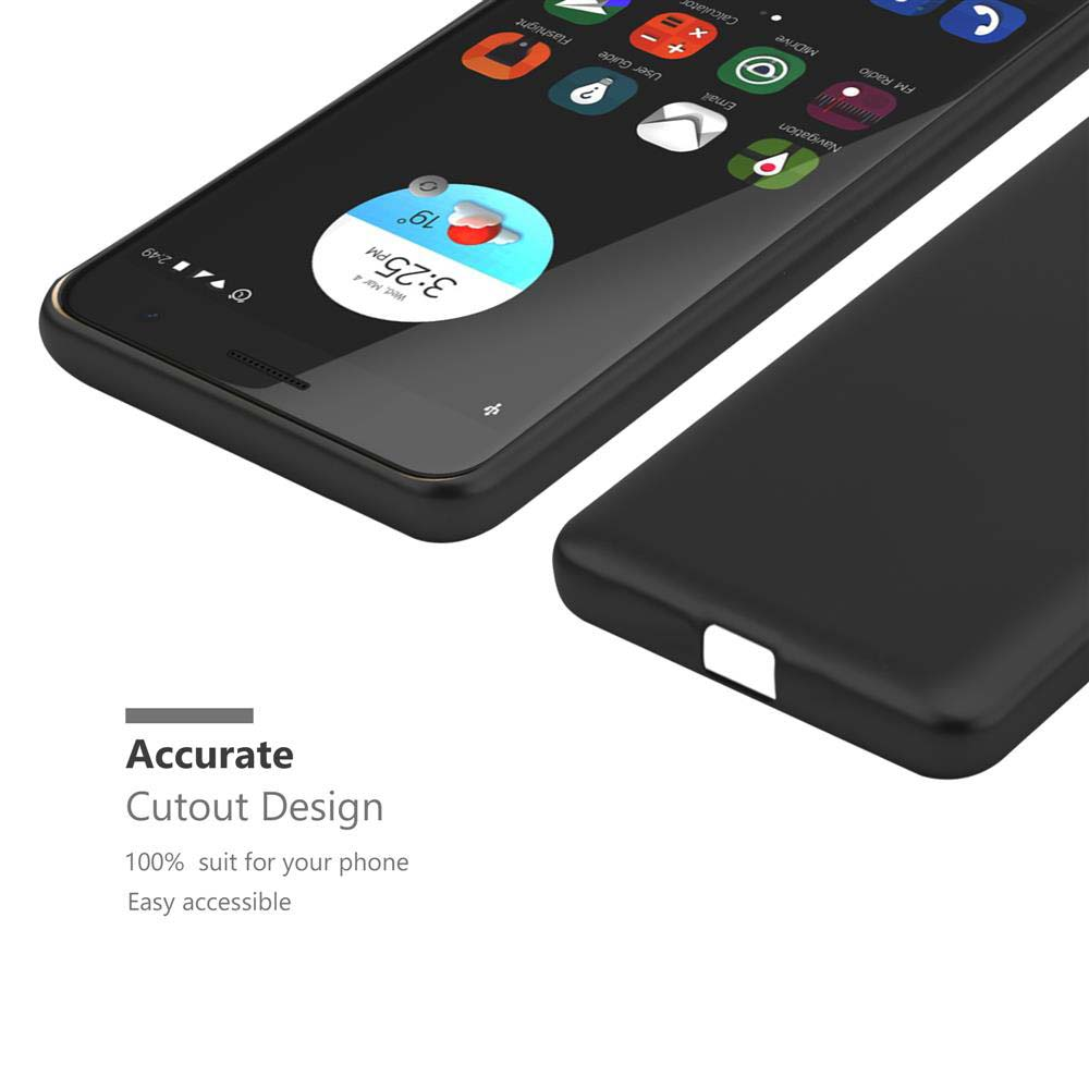 Smartphone nero con widget meteo e app. Accanto, una custodia per telefono.