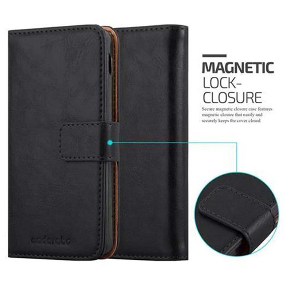 Funda de teléfono de cuero negro con cierre magnético, mostrando costuras detalladas.