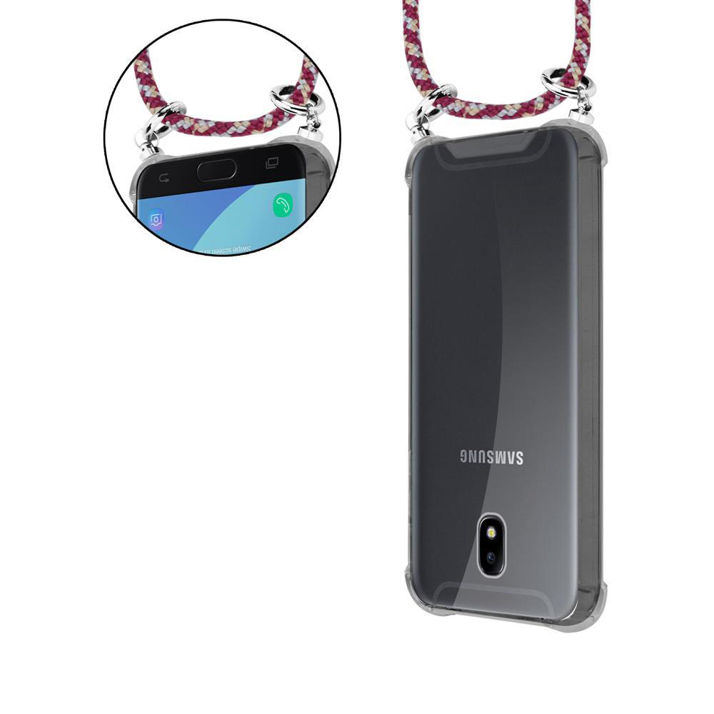 Transparente Hülle mit Schnur, die an einem Samsung-Telefon befestigt ist.
