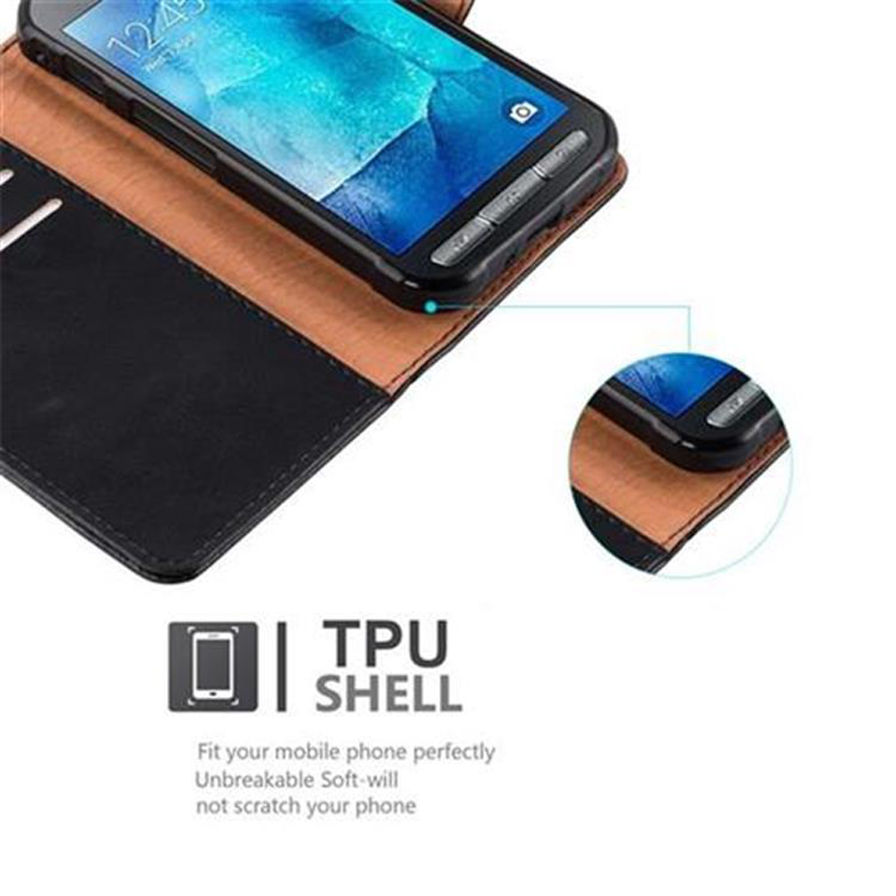 Un cellulare in una custodia marrone e nera con testo sovrapposto.