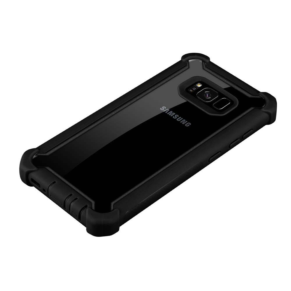 Smartphone nero in custodia trasparente con testo bianco sul retro.