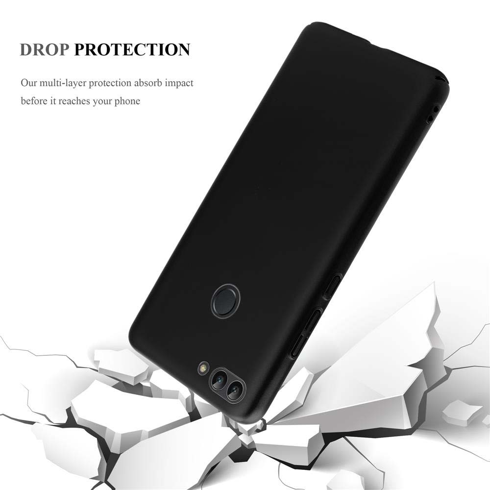 Telefono nero con cover che sfonda terreno bianco.