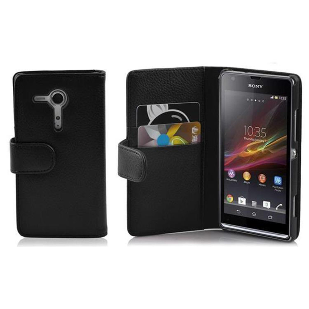 Funda negra de cuero para smartphone, mostrando parte trasera cerrada y delantera abierta con teléfono y tarjetas.