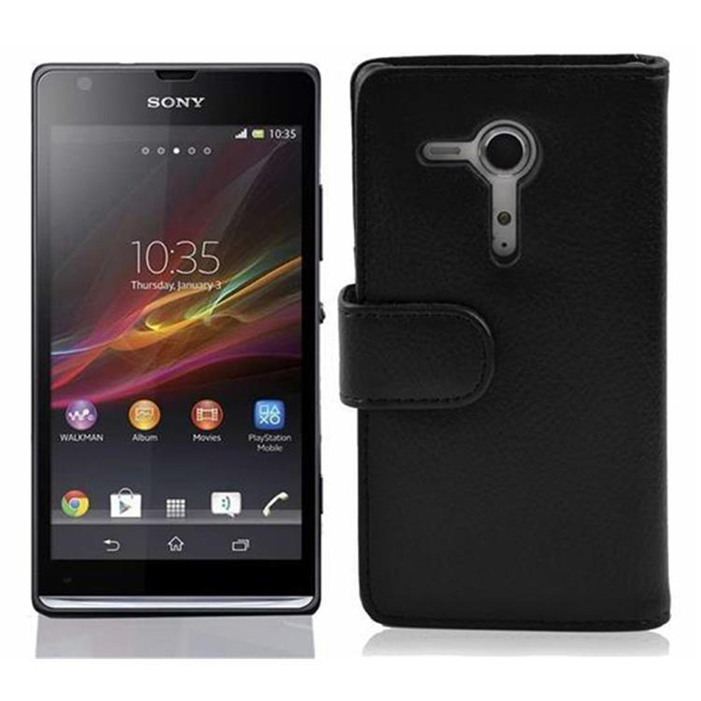 Un smartphone Sony negro junto a una funda de cuero negra.
