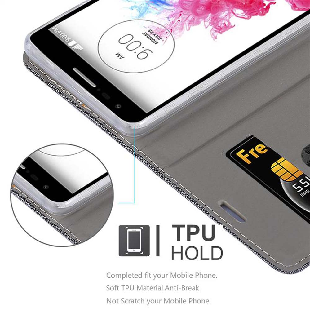 Custodia grigia per telefono con porta carte, mostra le 9:00.