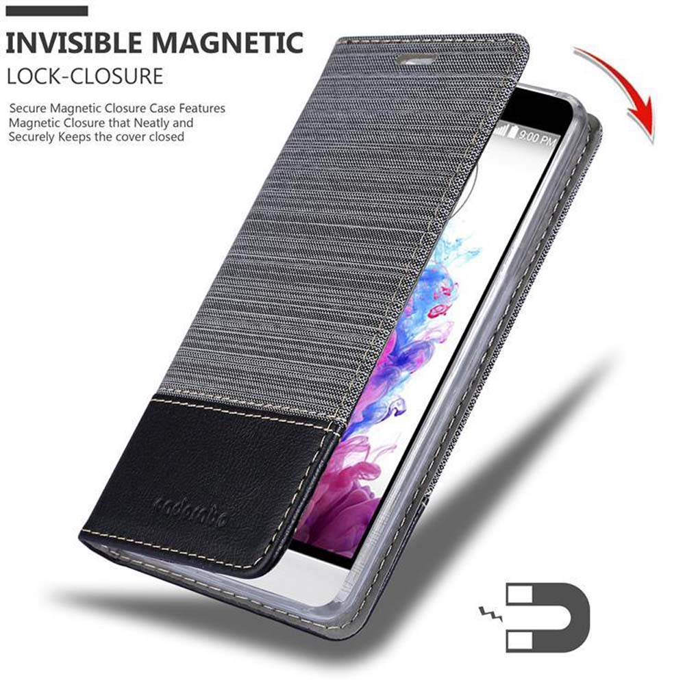 Viene mostrata una custodia a flip grigia e nera con chiusura magnetica.