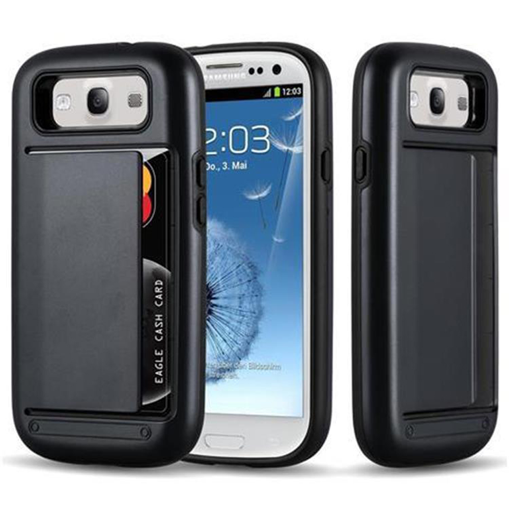 Drei schwarze Handyhüllen mit Kartenfach für Smartphones.