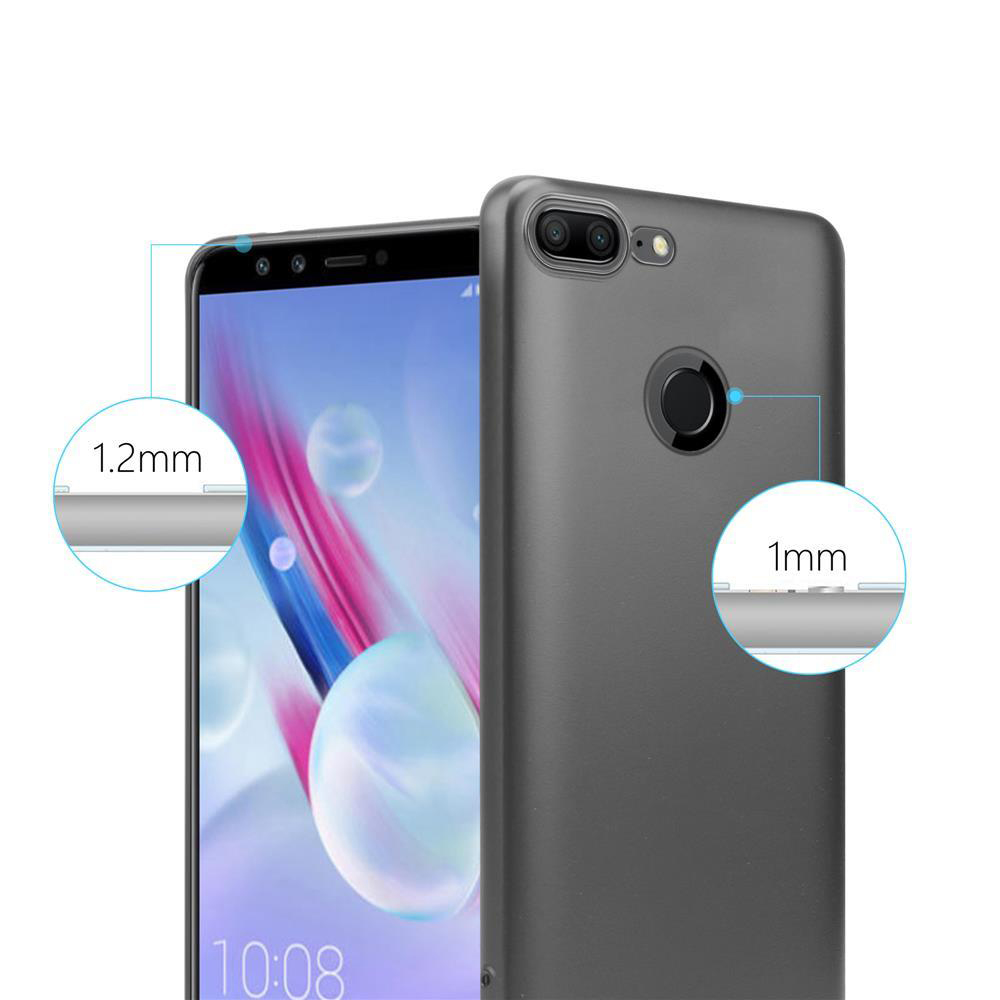 Funda de teléfono gris con doble lente de cámara y sensor de huellas. Marcas de 1,2 mm y 1 mm.