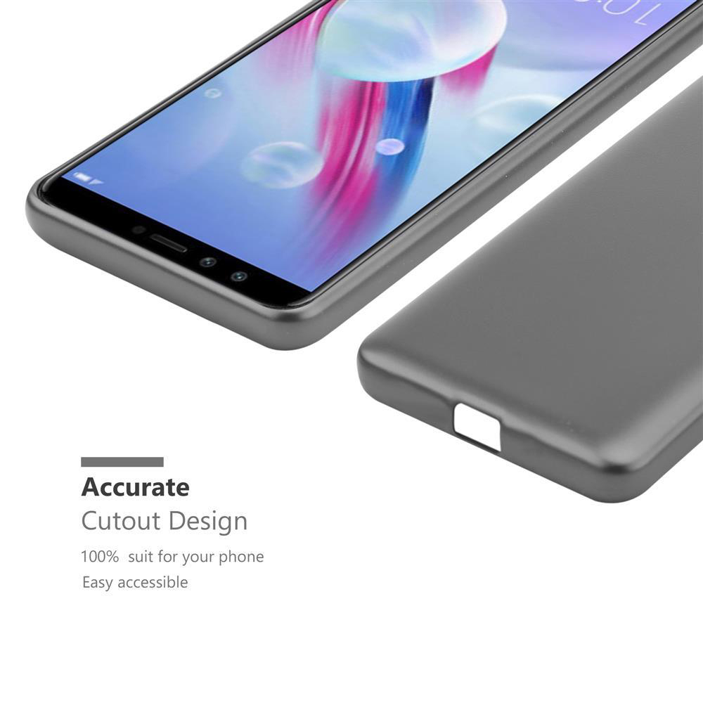 Una funda de teléfono gris junto a un smartphone con pantalla colorida.