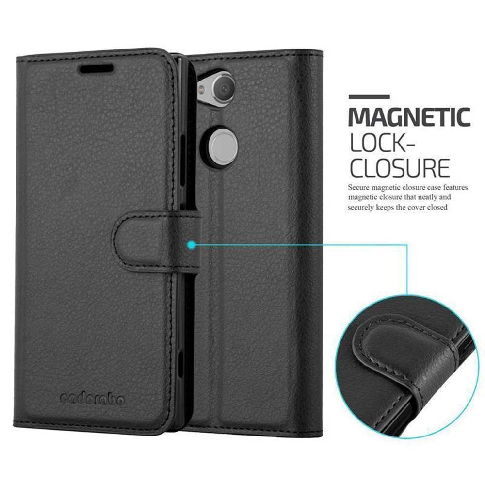 Custodia a portafoglio in pelle nera con chiusura magnetica.