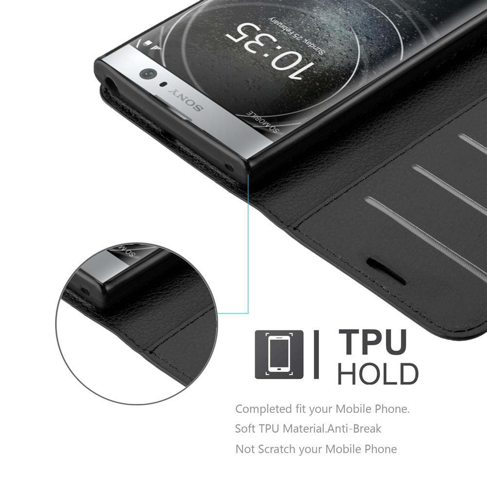 Smartphone Sony in custodia nera con orario 10:35.